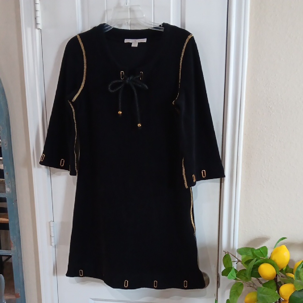Boston Proper Sport Black Terry Cloth Lace Up Dress Gold Grommet Trim Small S